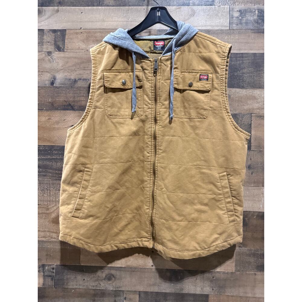 Wrangler Hooded Workwear Vest-Men’s 3XL – Quilted Full-Zip Canvas –Tan